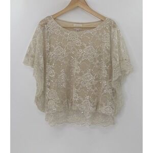 Eci Lace Ivory Beige Blouson Sheer 100% Nylon‎ Blend Lined Blouse Sz L Event